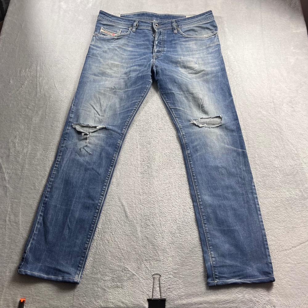 Diesel Buster Regular Slim Tapered Jeans Mens Blue Distressed Denim Size 36x31
